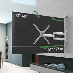 Barkan Long White televizora sienas stiprinājums 13–65 collu pilnas kustības grozāms 4 kustību plakans/izliekts ekrāna stiprinājums, kas notur līdz 70 mārciņām, īpaši izvelkams, der LED.