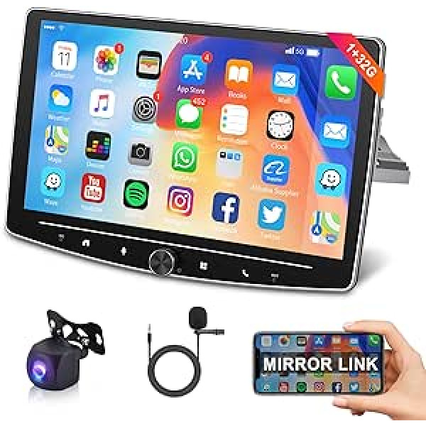 1G + 32G Android automašīnas radio 1 DIN ar GPS WiFi Bluetooth brīvroku komplektu 10 collu skārienekrāna automašīnas radio ar iOS/Android Mirror Link Bluetooth FM/RDS/USB/DAB+/OBD2/DVR atpakaļgaitas kameras mikrofons