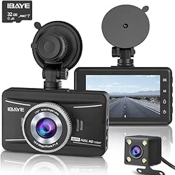 „IBAYE Dash Cam“ automobilio priekinė galinė dalis su SD kortele, 1080P „Full HD“ automobilio kamera, dviguba vaizdo kamera su 3,0 colių LCD ekranu, „Dash Cam“ automobiliams 170° plataus kampo, G jutiklis, kilpos įrašymas, parkavimo steb