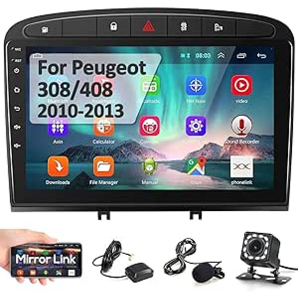 Podofo Android Car Radio GPS priekš Peugeot 308 408 2009-2013, 9 collu skārienekrāns WiFi Bluetooth FM RDS radio Mirror Link USB auto navigācijas video stereo atskaņotājs Peugeot 308 + atpakaļgaitas kamera