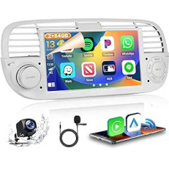 2G + 64G Android 13 automašīnas radio priekš Fiat 500 (2007-2015) bezvadu radio Apple CarPlay Android Car, 7 collu automašīnas radio ar ekrāna displeju Bluetooth brīvroku komplekts GPS WiFi FM RDS atpakaļgaitas kamera balta