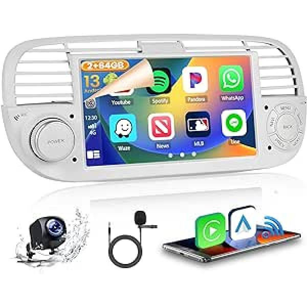 2G + 64G Android 13 automašīnas radio priekš Fiat 500 (2007-2015) bezvadu radio Apple CarPlay Android Car, 7 collu automašīnas radio ar ekrāna displeju Bluetooth brīvroku komplekts GPS WiFi FM RDS atpakaļgaitas kamera balta