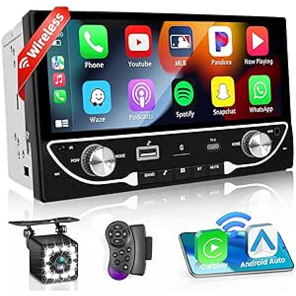 Hikity Car Radio 2 DIN ar bezvadu CarPlay Android automašīnas radio ar Bluetooth brīvroku 6,86 collu skārienekrāna radio atbalsts DVR FM/EQ/AUX + atpakaļgaitas kamera