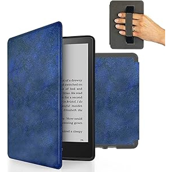 MyGadget mākslīgās ādas futrālis Amazon Kindle Paperwhite 11. paaudzei (2021-6, 8 collas) ar rokas siksnu un automātiskās miega/pamošanās funkciju tumši zilā krāsā