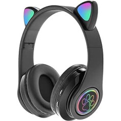 Ariycaz Kids Bluetooth austiņas, Cat Ear Bluetooth austiņas ar LED gaismu, SD kartes slots, FM radio, 3,5 mm ligzda, bezvadu/vadu, salokāmas, mobilajam tālrunim/planšetdatoram/personālajam datoram (melns)