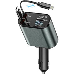 BOOTEEK 120 W izvelkamais automašīnas lādētājs 4 in1 USB cigarešu šķiltavu adapteris ar izvelkamiem kabeļiem un sprieguma displeju, 12 V/24 V transportlīdzekļiem, savietojams ar iP-Hone, Android, Samsung Galaxy