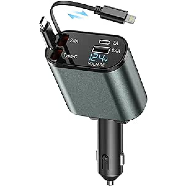 BOOTEEK 120 W izvelkamais automašīnas lādētājs 4 in1 USB cigarešu šķiltavu adapteris ar izvelkamiem kabeļiem un sprieguma displeju, 12 V/24 V transportlīdzekļiem, savietojams ar iP-Hone, Android, Samsung Galaxy