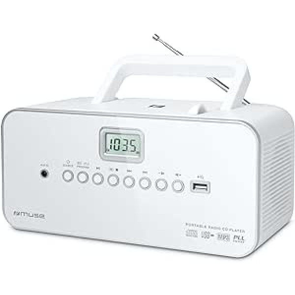 Muse M-28 RDW portatīvais CD radio PLL FM radio MW uztvērēja stacija atmiņa USB MP3 atskaņošana no tīkla vai ar baterijām Balts