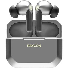 Raycon The Gaming Bluetooth True bezvadu austiņas ar iebūvētu mikrofonu, zems latentums, 31 stundas akumulatora darbības laiks, uzlādes kaste, Bluetooth 5.0 (Jet Silver)