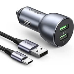 UGREEN cigarešu šķiltavas USB QC 3.0 automašīnas lādētājs USB 36 W automašīnas lādētājs ar 1 m USB-C kabeli, saderīgs ar iPhone 15, 15 Plus, 15 Pro, 15 Pro Max, Galaxy S24, S23, A53 utt.