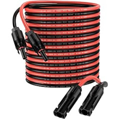 Saules baterijas kabelis 20 m 6 mm² Saules paneļa pagarinājuma kabelis 10AWG IP68 ūdensnecaurlaidīgs adatera kabelis ar spraudņa un spraudņa savienojumu (10 m sarkans + 10 m melns)