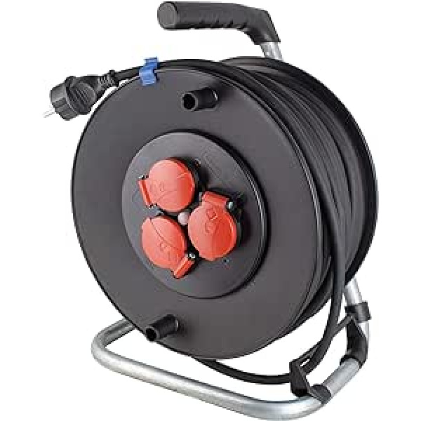 as - Schwabe DIY Cable Reel, 50 m H05RR-F 3G1.5 Cable 230 V / 16 A, ar 3 sarkanām aizsargkontaktu ligzdām, ieskaitot eņģu vāku un termisko automātisko slēdzi, IP44, ražots Vācijā, melns, 10135