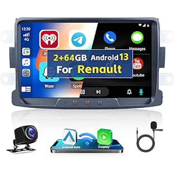 2G + 64G Android automašīnas radio priekš Renault Dacia Duster Sandero Dokker Logan ar navigāciju bezvadu Carplay Android Car 8 collu skārienekrāna radio WiFi Bluetooth HiFi FM/RDS Canbus stūres vadība