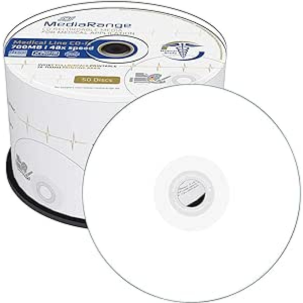 MediaRange Medical Line CD-R 700MB|80min 48x Write Speed, Full Surface Printable (Inkjet Printer), Cake Box of 50