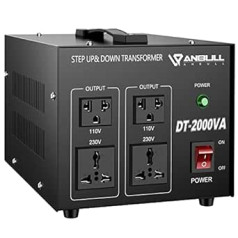 Anbull DT-2000 W sprieguma pārveidotājs, toroidālais serdes transformators, sprieguma pārveidotājs no 110 V līdz 230 V, pakāpju uz leju pārveidotājs, 50–60 Hz