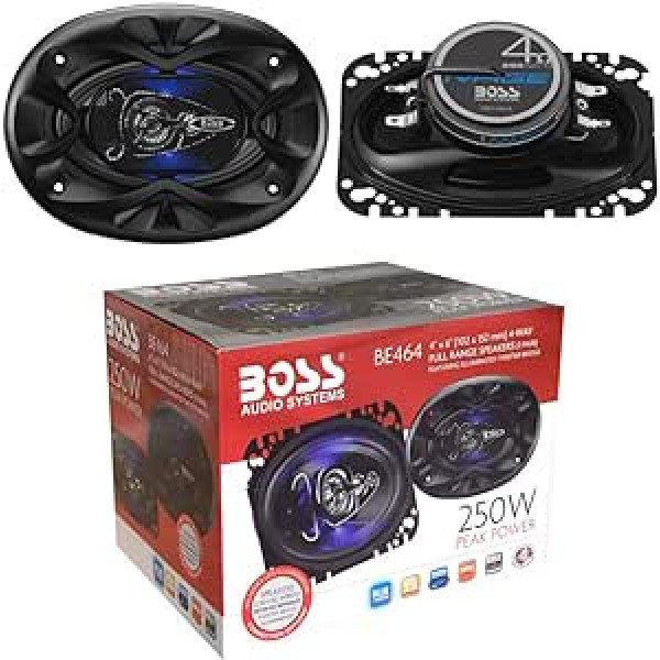 2 skaļruņi saderīgi ar Boss audio sistēmām BE464 BE 464 4-way koaksiālais kabelis 4 x 6 collas 10,20 x 15,20 cm 102 x 152 mm 125 vati RMS 250 vati uz vienu maksimālo 4 omi 90 dB un gumiju