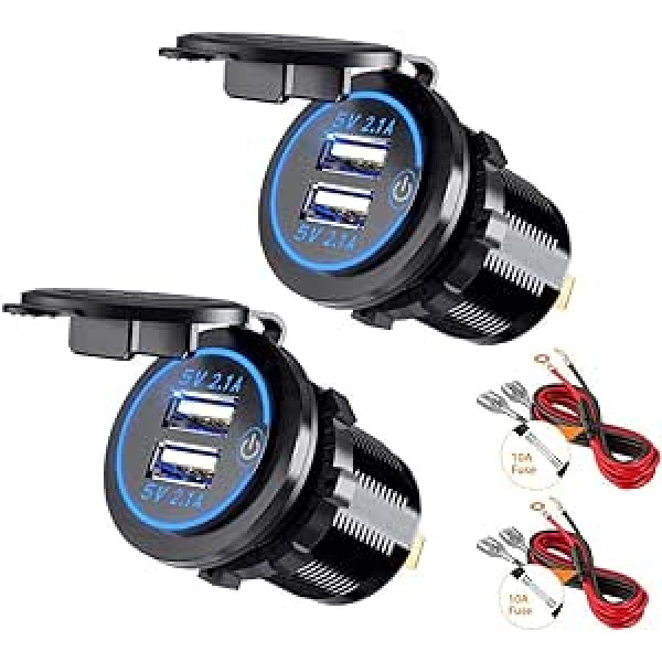 Thlevel 2 x Auto USB lādētājs Auto USB ligzda 5 V 4,2 A Ātrā uzlāde ar LED displeju, ūdensnecaurlaidīgs un putekļu necaurlaidīgs, 12 V ~ 24 V Transportlīdzekļiem Auto Laiva Motocikls SUV Autobuss Kravas automašīna Caravan Marine