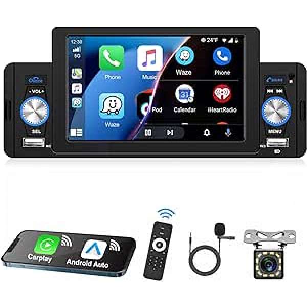 Podofo Car Radio 1 DIN ar Apple Carplay Bluetooth 5.1 Android Car, 5 collu automašīnas radio stereo ar ekrāna skārienjutīgu displeju, FM atbalstu, spoguļa saiti, ātrās uzlādes + atpakaļgaitas kameru un mikrofonu