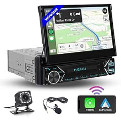 Hikity Wireless CarPlay 1 DIN automašīnas radio ar 7 collu motorizētu ekrānu Android automašīna, skārienekrāna automašīnas radio Bluetooth ar FM radio USB C tipa AUX atpakaļgaitas kameru