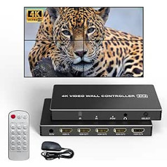 2x2 HDMI video sienas kontrolieris, 4K@30HZ televizora sienas kontrolieris HDMI ieejas HDMI izejas, 180 grādu rotācija 8 displeja režīmi 1x1 1x2 1x3 1x4 2x2 2x1 3x1 4x1, ar tālvadības pulti 4 televizoru savienošanai