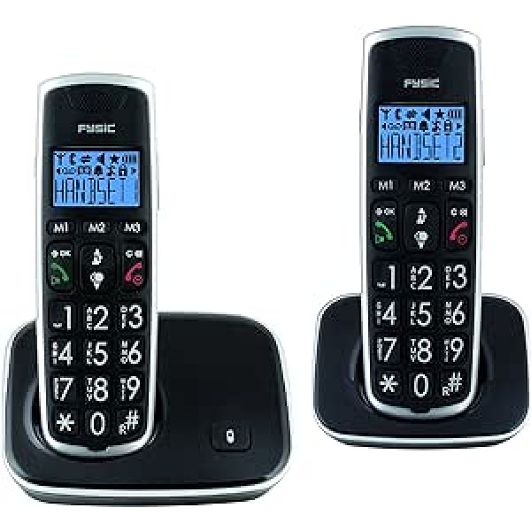 Fysic FX-6020 schnurloses Telefon mit großen, gut lesbaren Tasten un zwei Apparaten, einfache Bedienung, Hörgerätkompatibel, Ideal für Senioren geeignet, schwarz