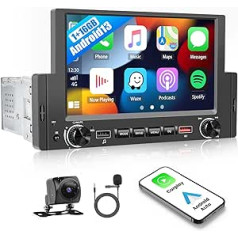 CAMECHO Carplay Android 12 automašīnas radio 1 Din ar Android automašīnu, 6,2 collu ekrāns ar Bluetooth FM radio USB spoguļa saite SWC automašīnas radio skārienjutīgs displejs + atpakaļgaitas kamera un mikrofons