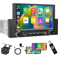 Podofo Car Radio 1 DIN ar vadu Apple Carplay/Android Car, 6.2 ekrāna skārienjutīgs displejs ar Bluetooth viena DIN stereo Navi/FM/USB/SWC/EQ/HiFi/Mirror Link + ārējais mikrofons + atpakaļgaitas kamera