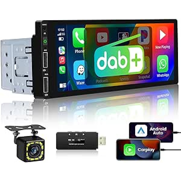 Hikity DAB automašīnas radio ar Apple CarPlay Android Car Radio 1 DIN ar Bluetooth brīvroku 6,86 collu skārienjutīgā displeja radio FM/EQ/2 USB porti + atpakaļgaitas kamera