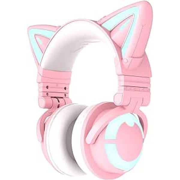 YOWU RGB Cat Ear Headphone 3S Wireless 5.0 salokāmas spēļu austiņas ar iebūvētu mikrofonu un regulējamu apgaismojumu un efektu, izmantojot lietotni, C tipa uzlādes audio kabeli PC klēpjdatora Mac viedtālrunim (rozā krāsā)