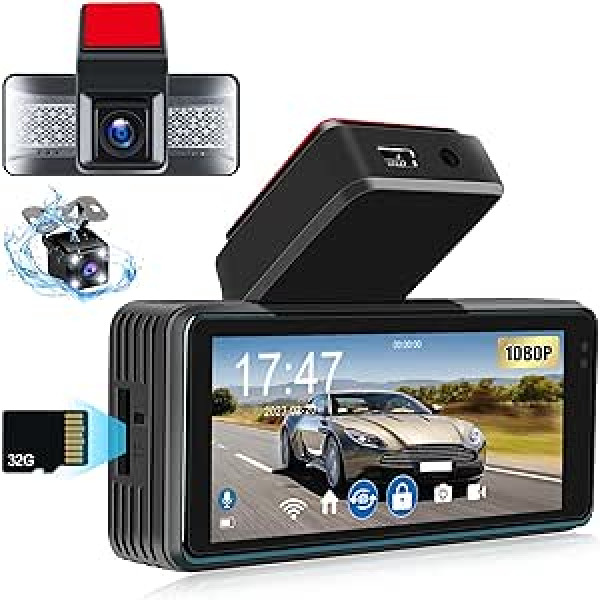 Dash Cam automašīnas priekšējā un aizmugurējā dubultā kameras kamera ar 32G SD karti, 3,39 collu 1080P IPS ekrāns, nakts redzamība, 170° platleņķis, G-sensors, cilpas ierakstīšana, kustības noteikšana, stāvvietas uzraudzība, WDR