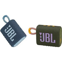 JBL GO 3 maza Bluetooth kārba zaļā krāsā — ūdensizturīgs, pārnēsājams skaļrunis ceļā — līdz pat 5 stundām atskaņošanas laiks ar vienu akumulatora uzlādi un GO 3 maza Bluetooth kārba zilā krāsā