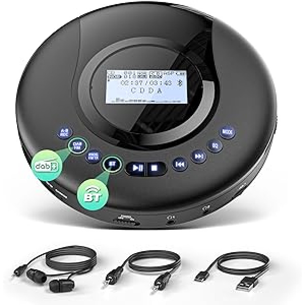 Arafuna portatīvais CD atskaņotājs - Discman - DAB+/FM radio - CD, CD-R/RW, CD atskaņotājs Bluetooth ar audiogrāmatas funkciju - Pretšoks - Integrēts akumulators 2000 mAh - Melns