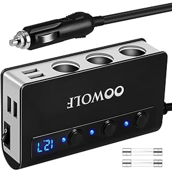 OOWOLF Cigarette Lighter Distributor, QC 3.0 180W 12V/24V, Adapter Car Charger, 3 DC Socket Splitter 4 USB Ports Car Splitter for Smartphone, Tablet, GPS, Sat Nav