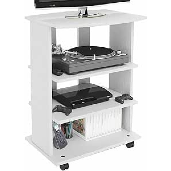 BAKAJI Modern Design MDF Wood TV Cabinet with 3 Shelves for Video Games DVDs and 4 Wheels Size 60 x 45 x 80.5 cm (White)