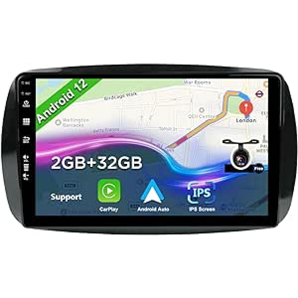 BXLIYER 9 collu Android 12 automašīnu radio, kas paredzēts Benz Smart 453 Fortwo (2014-2020) — atpakaļskata kamera bez maksas — 2G + 32G — 2 DIN — DAB vadība ar stūri