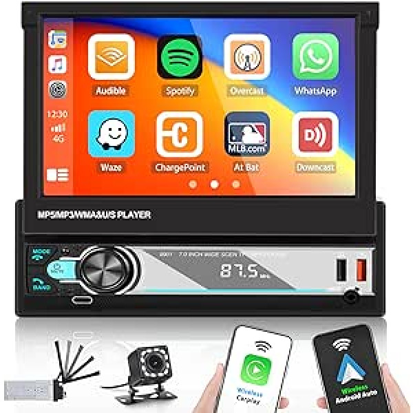 Hikity Car Radio 1 Din bezvadu Apple Carplay un Android Car, 7 collu manuāli izvelkams displejs skārienekrāna automašīnas radio ar Bluetooth 5.1 brīvroku komplektu FM/AM radio USB AUX atpakaļgaitas kamera