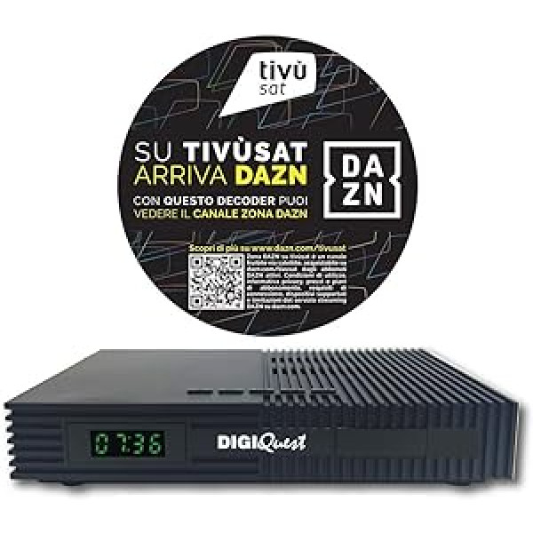 Digiquest Tivùsat Ti9 DVB-S2 dekodētājs ar tālvadības pulti 2 vienā, melns, iekļauta Tivusat karte, pārslēdzama ierakstīšanas funkcija - ierīce ar iespējotu DAZN zonas kanālu