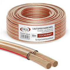 OKSI Speaker Cable 2 x 2.5 mm² 50 m, Transparent, CCA (Copper and Aluminium) for HiFi, Connection of Audio Stereo to Amplifier, Surround Sound System, TV Home Cinema and Car Radio