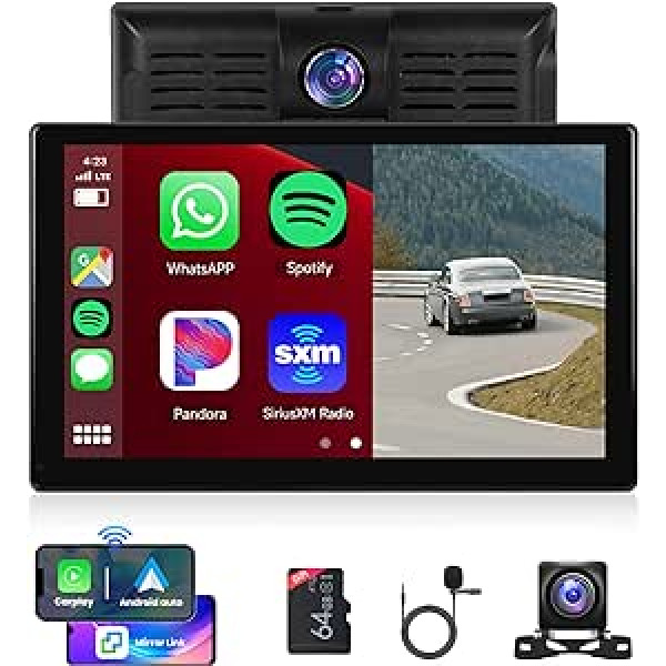 Podofo Wireless Carplay Android automašīnas portatīvais auto radio ar 9 collu skārienekrānu, Carplay ekrāns ar ADAS sistēmu WiFi Bluetooth FM raidītājs USB/AUX/SD 4K priekšējā kamera/AHD atpakaļgaitas kamera, sadalīta