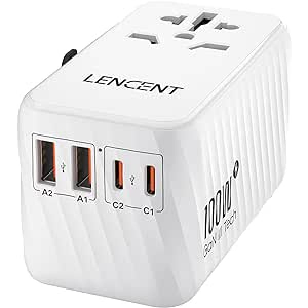 LENCENT International Travel Adapter, 100W GaN3 universālais adapteris ar 2 PD3.0 Type C+2 QC USB A, Vispasaules adapteris mobilajiem tālruņiem, Viss vienā ceļojumu spraudnis ES/ASV/UK/AU ligzdām, balts