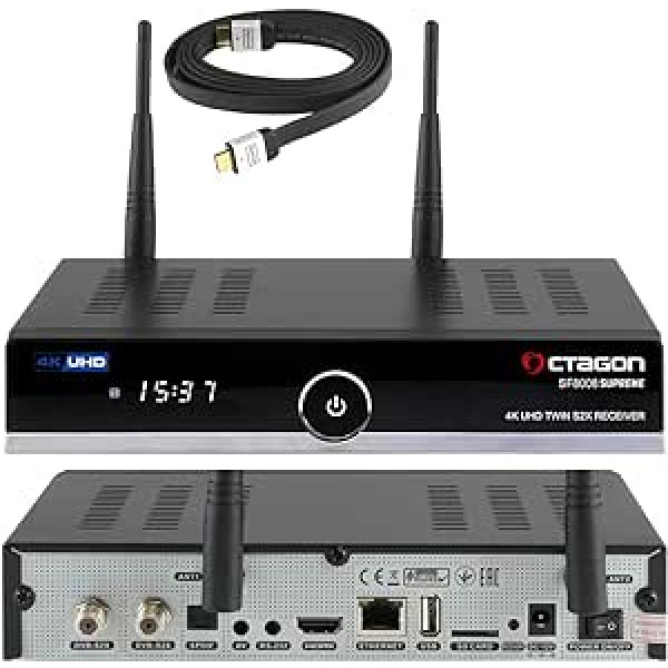 OCTAGON SF8008 UHD 4K Supreme Twin Sat uztvērējs + NONIC HDMI kabelis, 2x DVB-S2X uztvērējs, E2 Linux & Define OS, ar PVR ierakstīšanas funkciju, M.2 M atslēga, Gigabit LAN, satelīta uz IP, karšu lasītājs, WiFi WLAN