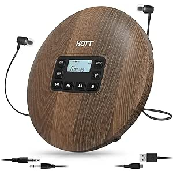 HOTT CD611 Portable CD Player with LCD Display Stereo Headphones Anti Skip Anti Shock Protection Personal Discman Music Player for Car Wood Grain