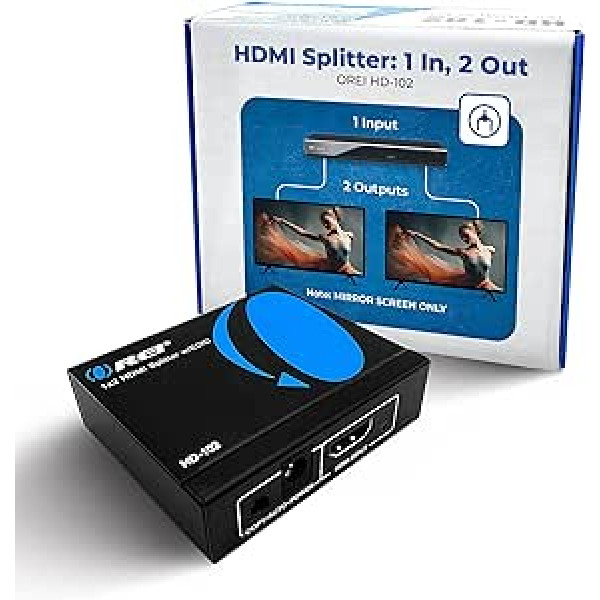 OREI HDMI sadalītājs 1 in 2 izeja - 1x2 HDMI displeja dublikāts/spogulis - barošanas sadalītājs Full HD 1080P, 4K @ 30 Hz (viena ieeja uz divām izejām) - USB kabelis iekļauts - 1 avots 2 identiskiem displejiem