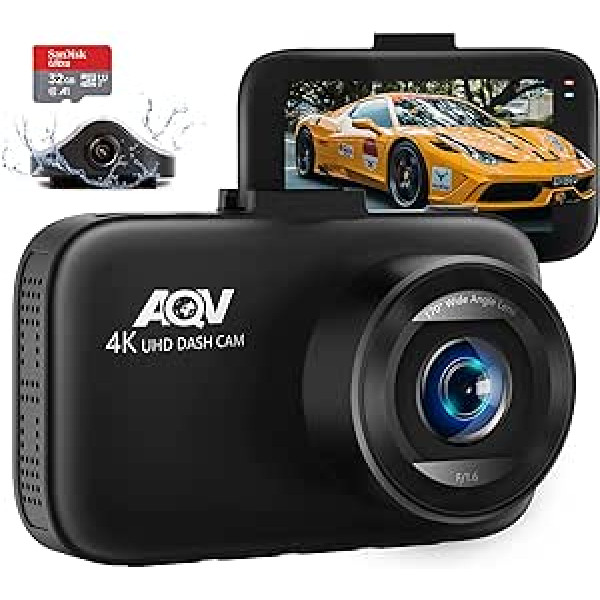 AQV Dash Cam automašīnas priekšējā un aizmugurējā 4K/2K+1080P ar GPS moduli Dash Cam automašīnas kameru ar 3 collu IPS ekrānu, G-sensoru, nakts redzamību, cilpas ierakstīšanu, 170° platleņķi, WDR, 128 GB maks.