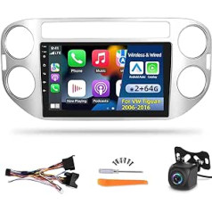 2+64G Android automobilinis radijas, skirtas VW Tiguan 2006–2016, belaidis Apple Carplay ir Android automobilis, 9 colių 2,5D jutiklinio ekrano radijas, GPS WiFi HiFi FM Bluetooth vairo valdymas + AHD atbulinės eigos kamera ir