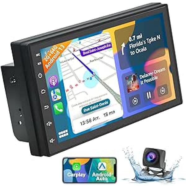 Podofo [2G + 64G] Android 13 Double DIN automašīnas radio ar bezvadu Apple Carplay Android Car, 7 collu automašīnas radio 2.5D skārienekrāns ar Bluetooth/OBD2/Mirror Link/GPS/SWC/WiFi/FM un RDS radio + AHD aizmugures skats