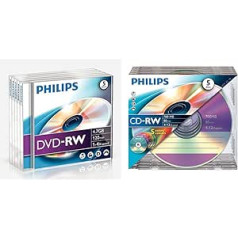 Philips DVD-RW sagataves (4,7 GB datu/120 minūšu video, 1-4x ātruma ierakstīšana, 5 dārgakmeņu futrāļi) un CD-RW sagataves 80 min 700 MB 4-12 x 5 plāns korpuss, krāsains