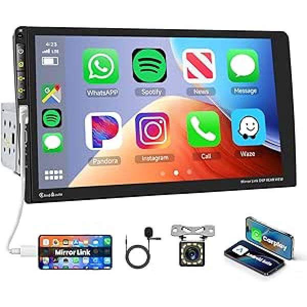 Hodozzy 1 DIN automašīnas radio ar Carplay un Android automašīnu, 9 collu HD skārienekrāna automašīnas radio MP5 atskaņotājs atbalsta Bluetooth FM radio Android/iOS spoguļa saiti, atpakaļgaitas kameras stūres vadība USB/AUX