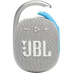 JBL Clip 4 Eco Bluetooth skaļrunis izgatavots no pārstrādāta materiāla baltā krāsā - ūdensizturīgs, pārnēsājams mūzikas kastīte ar praktisku karabīni - līdz 10 stundām bezvadu mūzikas straumēšanas