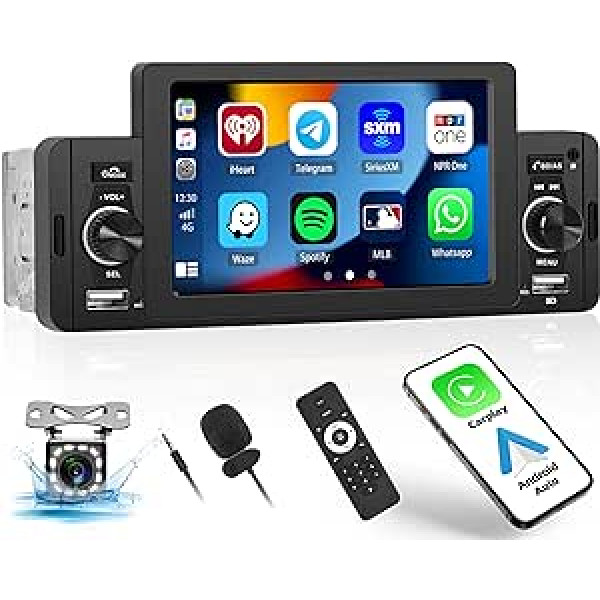 CAMECHO 1 DIN automašīnas radio ar Apple Carplay Android Car 5 collu ekrānu, viena DIN automašīnas radio ar Bluetooth/USB/FM/stūres vadību, atbalsta atpakaļgaitas kameru